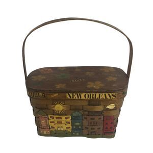 Vtg‎ Woven Basket Purse Hand Painted Spoil Yourself Short Stay Travel